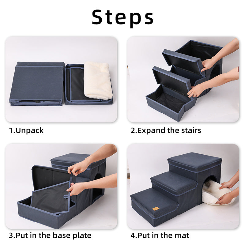 Foldable Dog Stairs With Storage - 3-Level Small To Medium Dog Breed Ramp, Oxford Fabric, Suitable For High Beds And Sofas, Pet Ladder, Dog Stairs - Shopmerge.site
