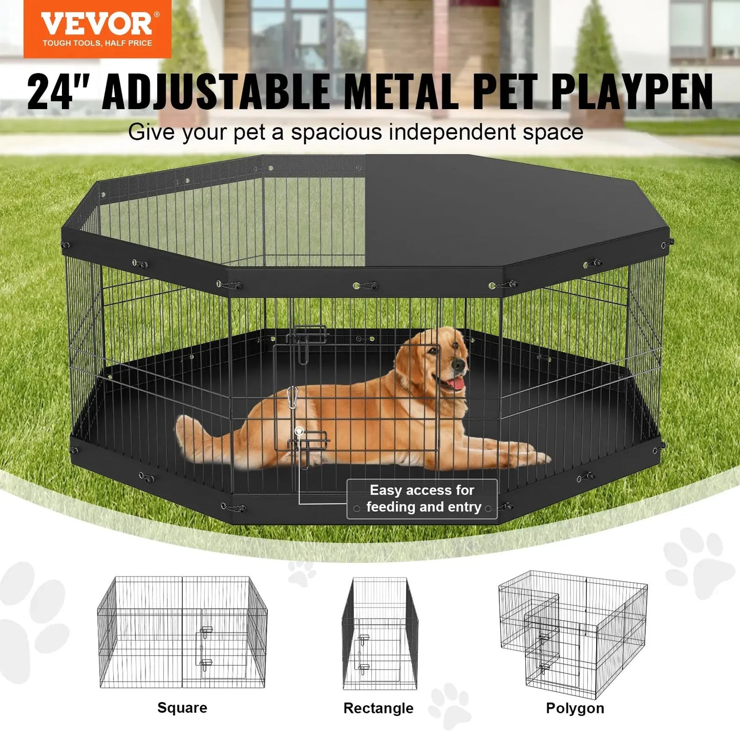 VEVOR Dog Playpen, 8 Panels Foldable Metal Dog Exercise Pen With Top Cover And Bottom Pad, 24in H Pet Fence Puppy Crate Kennel, Indoor Outdoor Dog Pen For Small Medium Pets, For Camping, Yard - Shopmerge.site