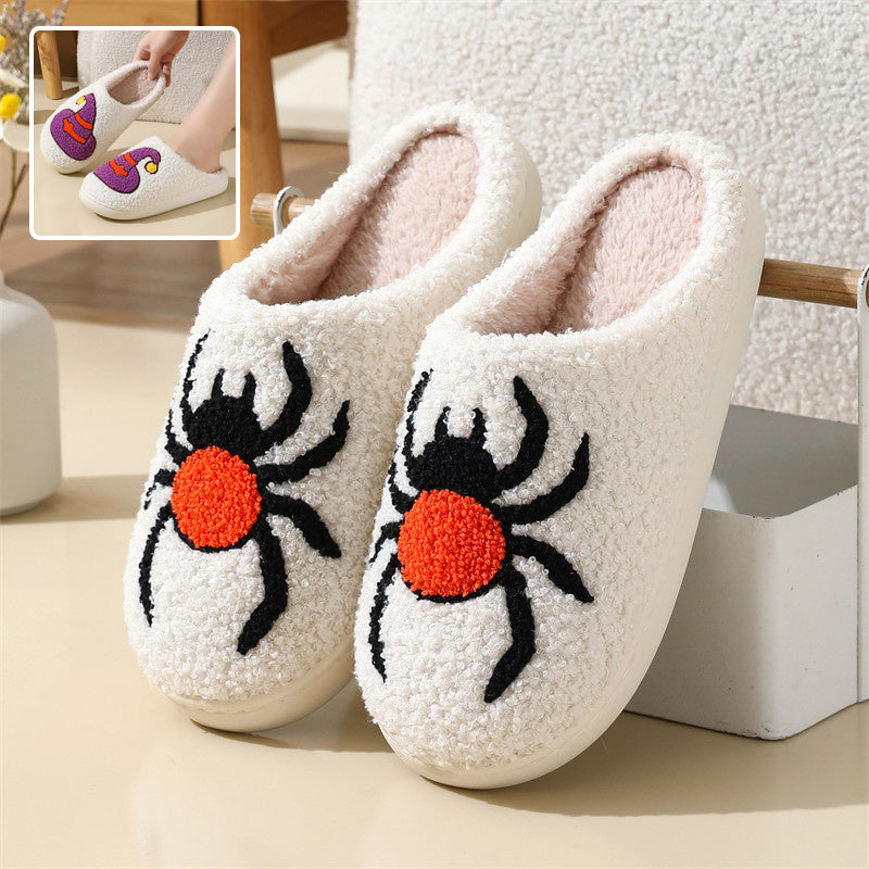 Halloween Spider Witch-hat Slippers Home Indoor Non-slip Floor Bedroom Slippers Winter Warm House Shoes For Women Men - Shopmerge.site