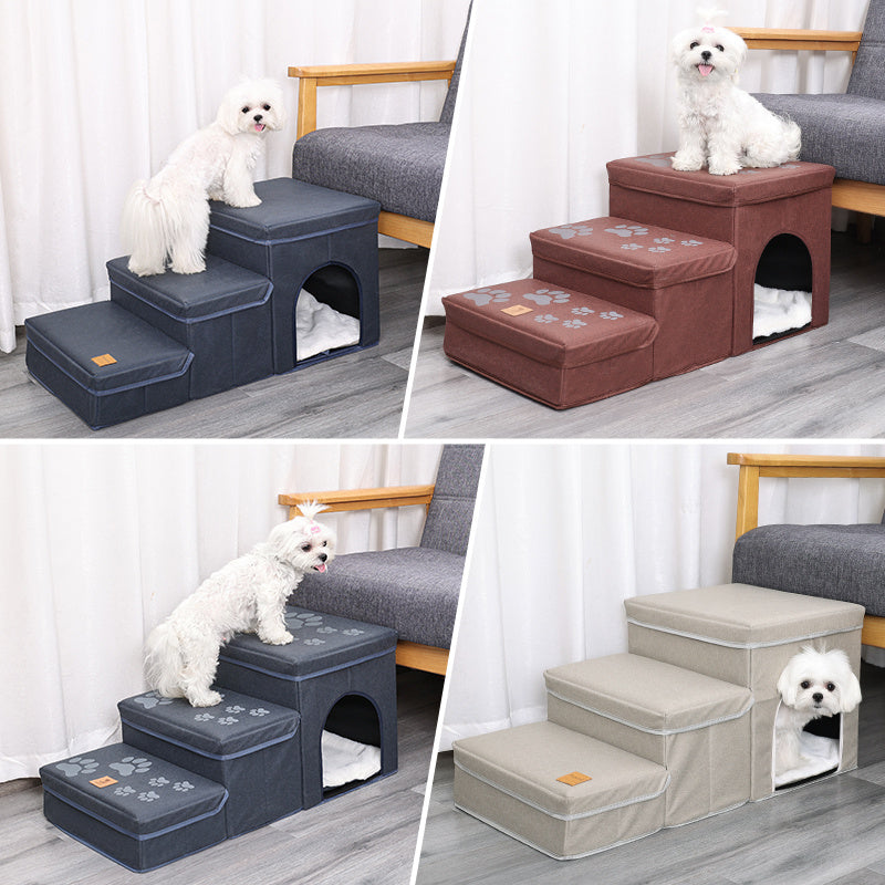 Foldable Dog Stairs With Storage - 3-Level Small To Medium Dog Breed Ramp, Oxford Fabric, Suitable For High Beds And Sofas, Pet Ladder, Dog Stairs - Shopmerge.site