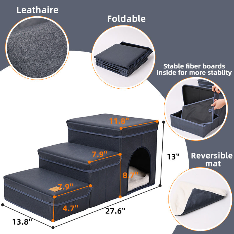 Foldable Dog Stairs With Storage - 3-Level Small To Medium Dog Breed Ramp, Oxford Fabric, Suitable For High Beds And Sofas, Pet Ladder, Dog Stairs - Shopmerge.site