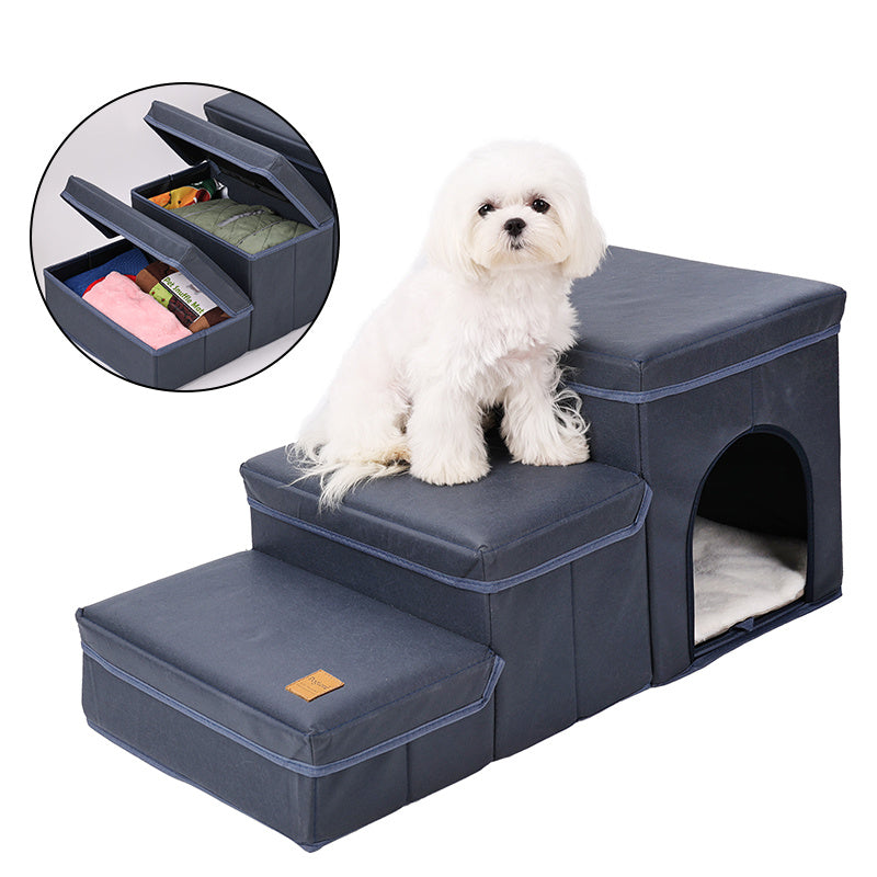 Foldable Dog Stairs With Storage - 3-Level Small To Medium Dog Breed Ramp, Oxford Fabric, Suitable For High Beds And Sofas, Pet Ladder, Dog Stairs - Shopmerge.site