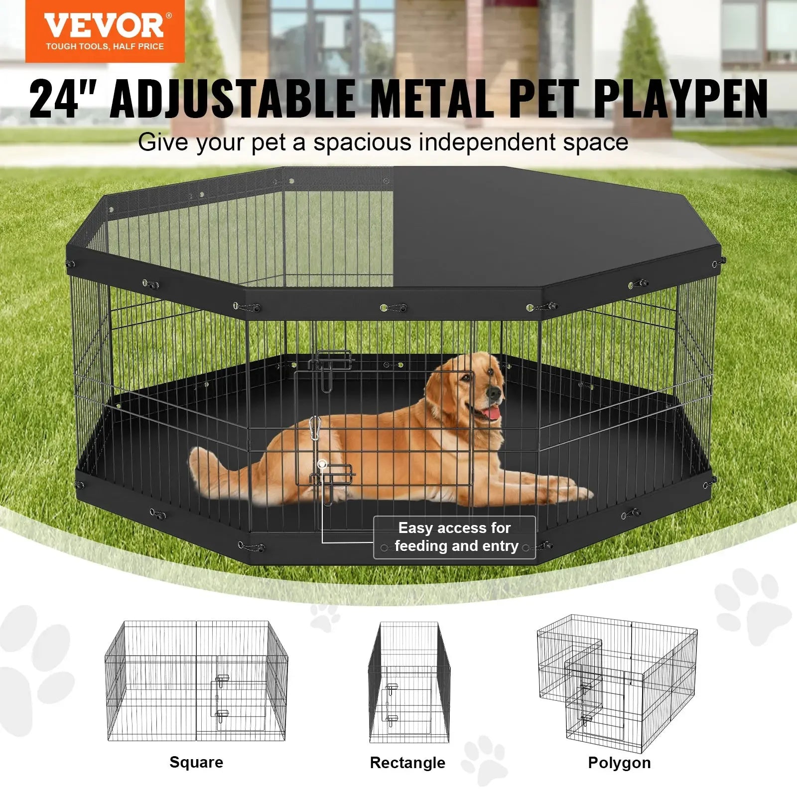 VEVOR Dog Playpen, 8 Panels Foldable Metal Dog Exercise Pen With Top Cover And Bottom Pad, 24in H Pet Fence Puppy Crate Kennel, Indoor Outdoor Dog Pen For Small Medium Pets, For Camping, Yard - Shopmerge.site